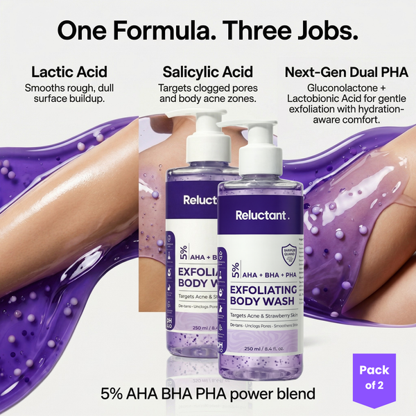 Be Reluctant Exfoliating Body Wash 250ml  | AHA · BHA + Dual PHA De-Tan · Clears Body Acne & Strawberry Skin | Barrier Repair | Pack of 2