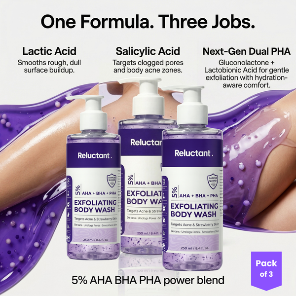 Be Reluctant Exfoliating Body Wash 250ml | AHA · BHA + Dual PHA De-Tan · Clears Body Acne & Strawberry Skin | Barrier Repair | Pack of 3