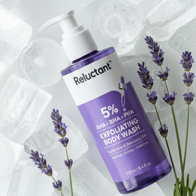 Reluctant 5% Lavender Exfoliating Body Wash with lavender flowers and ice cubes on a white background