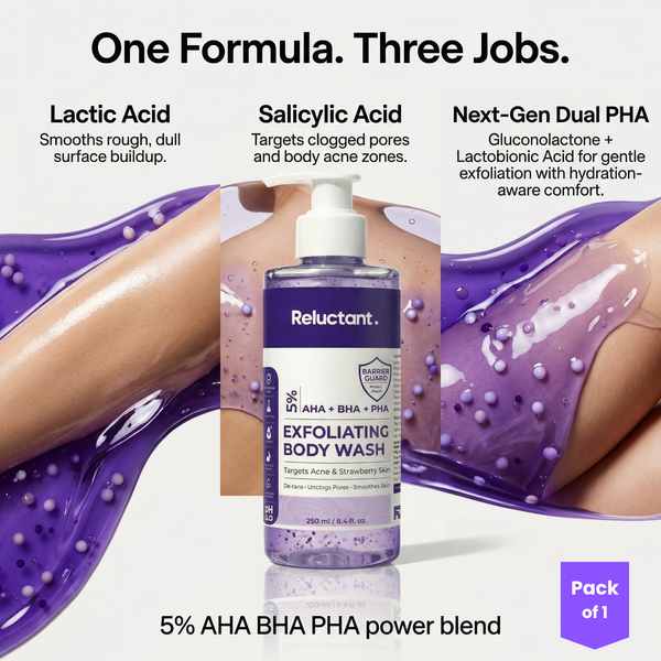 Be Reluctant Exfoliating Body Wash 250ml | AHA · BHA + Dual PHA De-Tan · Clears Body Acne & Strawberry Skin | Barrier Repair