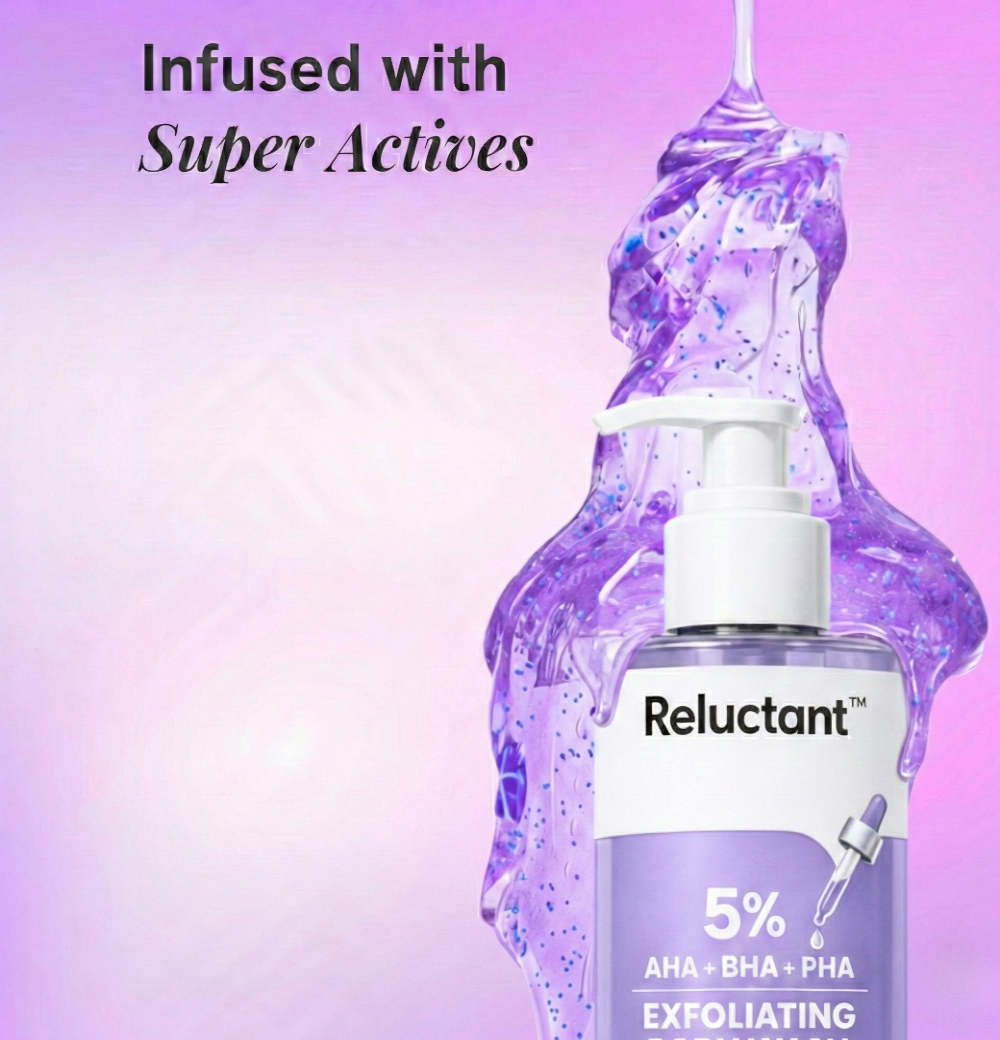 Reluctant skincare product with purple liquid being poured over it on a gradient background