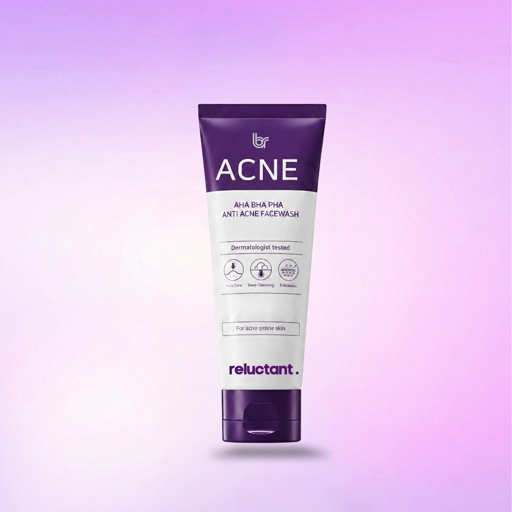 Tube of Acne face wash with 'reluctant.' branding on a gradient purple background